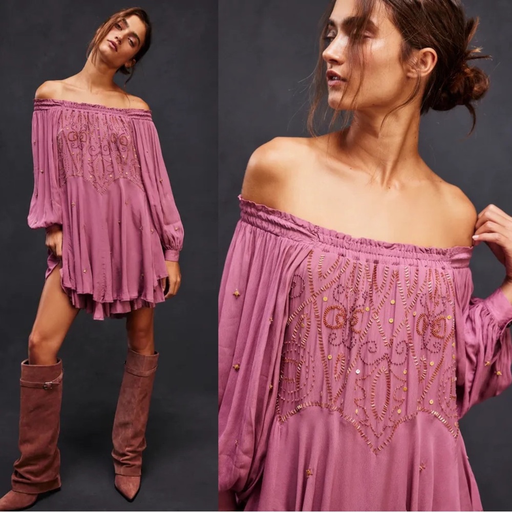 NEW Free People Off The Shoulder Embellished Moon Gleam Dress Mauve Orchid Small